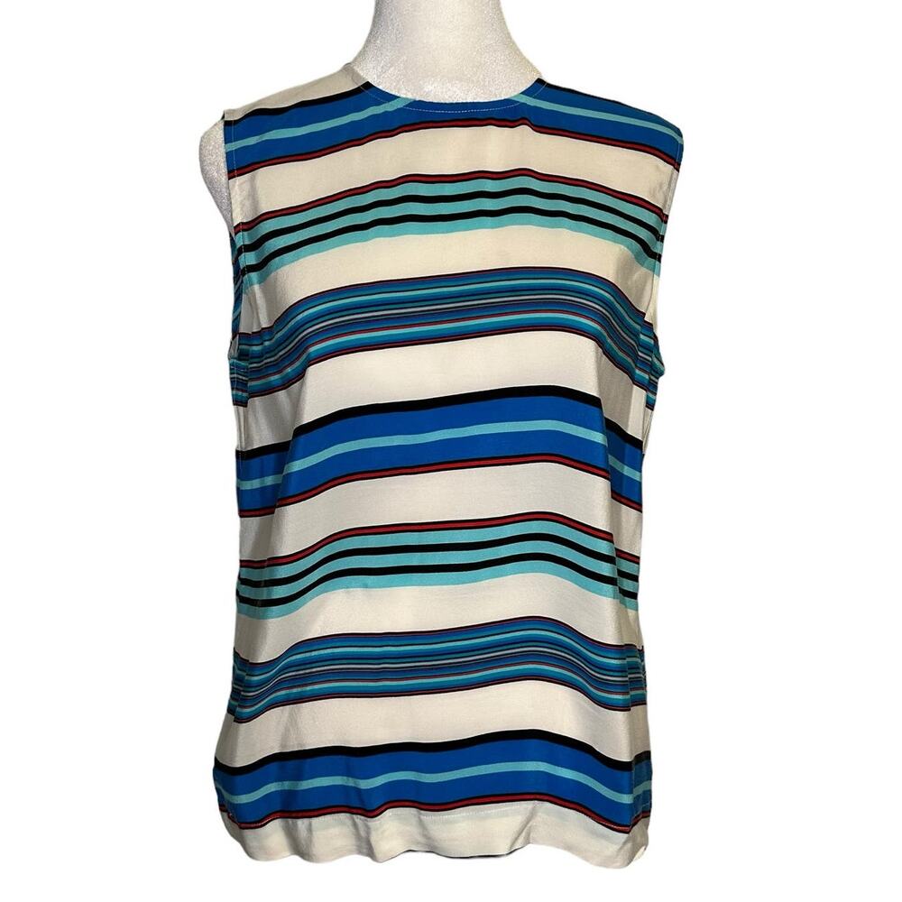 Equipment white, blue & red striped silk sleeveless top size S